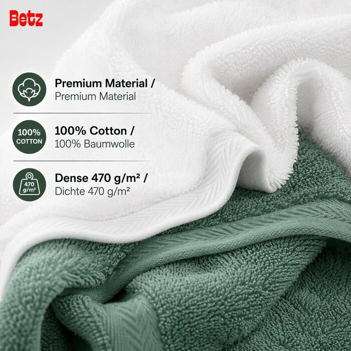 Набір рушників Betz Premium 12 предметів, 100% бавовна, Oeko-TEX, 470 г/м², колір білий/темно-зелений (2 банні, 4 рушники для рук, 2 гостьові, 2 для мила, 2 рукавички)