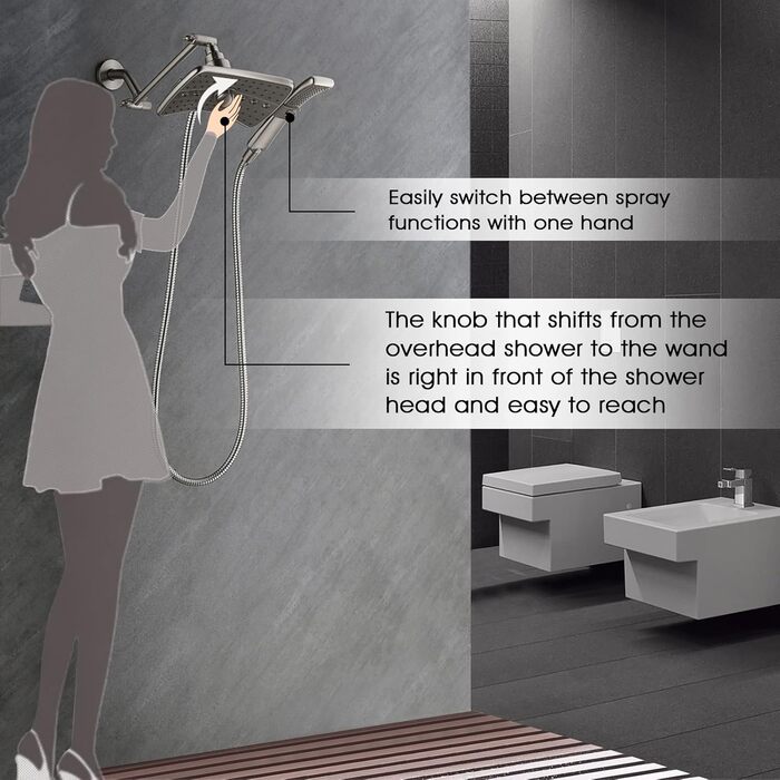 BRIGHT SHOWERS Dual Shower Head Combo Set, Handheld Shower Head, Rainfall Shower Head, Combo with Black Face, 152.4 cm (60 inch) Stainless Steel Shower Hose, (2.5 Gallon Per Minute, Brushed Nickel)