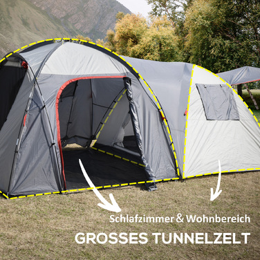 Outsunny 5-Person Tent - Tunnel Tent with Bedroom, Carry Bag, 2000mm Water Column, Mesh Windows, Grey | Aosom