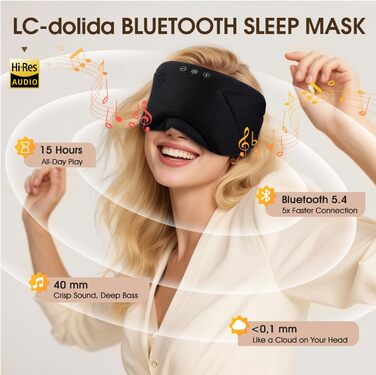 Маска для сну з навушниками Bluetooth 5.4 Dolida: 3D навушники для сну, маска для очей з мікрофоном для подорожей, йоги, медитації (Чорний)
