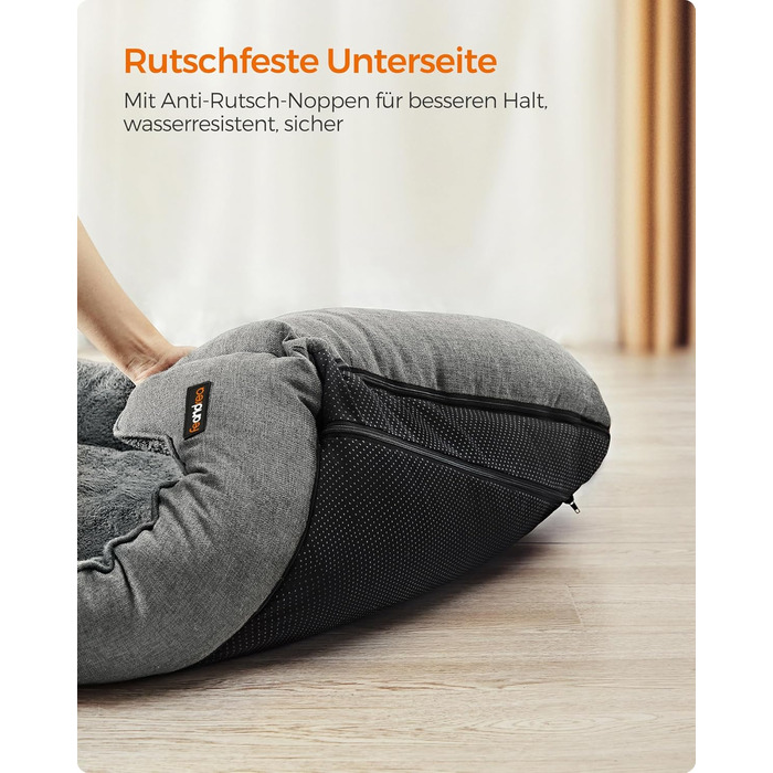 Ліжко для собак Feandrea, м'який лежак для собак з льоновим покриттям, кошик для собак, підняті бортики, неслизьке дно, знімний та пральний чохол, M, для маленьких собак, 70 x 55 x 21 см, світло-сірий