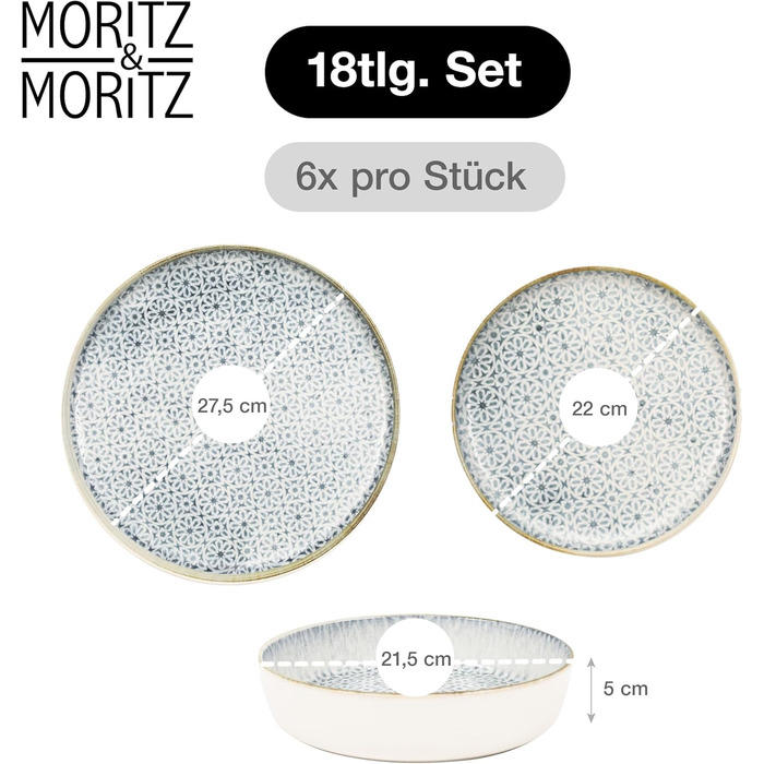 Набір посуду Moritz & Moritz ALHAMBRA на 6 осіб (18 предметів) з високоякісного порцеляну - сучасний сервіз у блакитному кольорі. Включає 6 тарілок, 6 десертних тарілок та 6 салатників. Легкий у догляді.