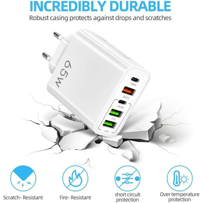 Мережевий адаптер AXFEE 65W 5 портів USB C з USB-A, швидка зарядка PD 3.0 для iPhone 14 Pro Max 13