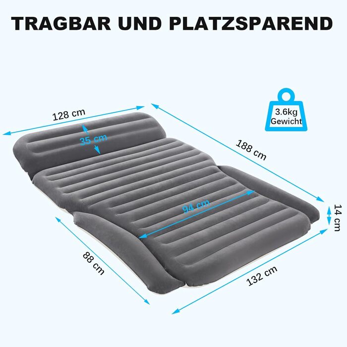 Надувна повітряна матрац для авто SUV, вантажівки та кемпінгу KMZ – портативне, товсте ліжко для автомобіля з електропомпою та 2 подушками