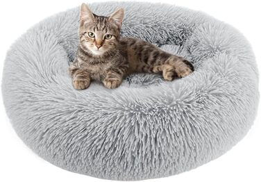 М'яке ліжко для котів та собак: кругле, плюшеве, миється, 70см/60см, білий/світло-сірий