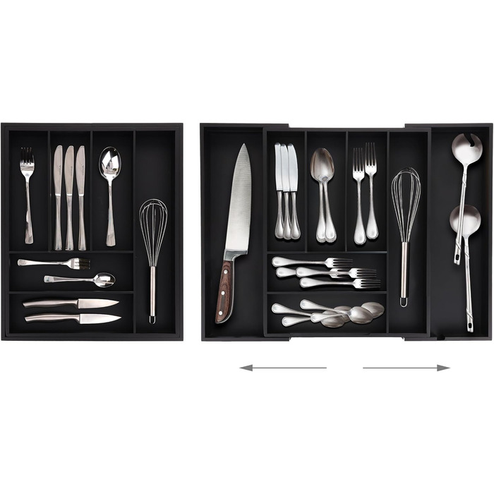 Relaxdays Cutlery Box Extendable, Bamboo, HBT 6.5 x 35-58 x 43.5 cm, 6-8 Compartments, Cutlery Insert for Drawer, black