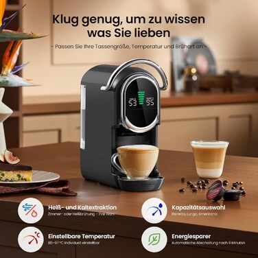 Кавомашина капсульна Magician1 Mini Kapselmaschine 5in1 для Nespresso, Dolce Gusto, Lavazza A Modo Mio, ESE 44, кавової гущі | 20 бар, 1450 Вт, LED-дисплей, 7 рівнів води | для дому та офісу (Сірий)