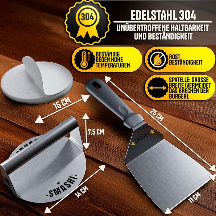 Набір для приготування Smash Burger від SMASHI® з нержавіючої сталі 304 – професійний набір з антипригарною пресом, лопаткою для гриля та дзвоном для бургерів – з рецептами (базовий)