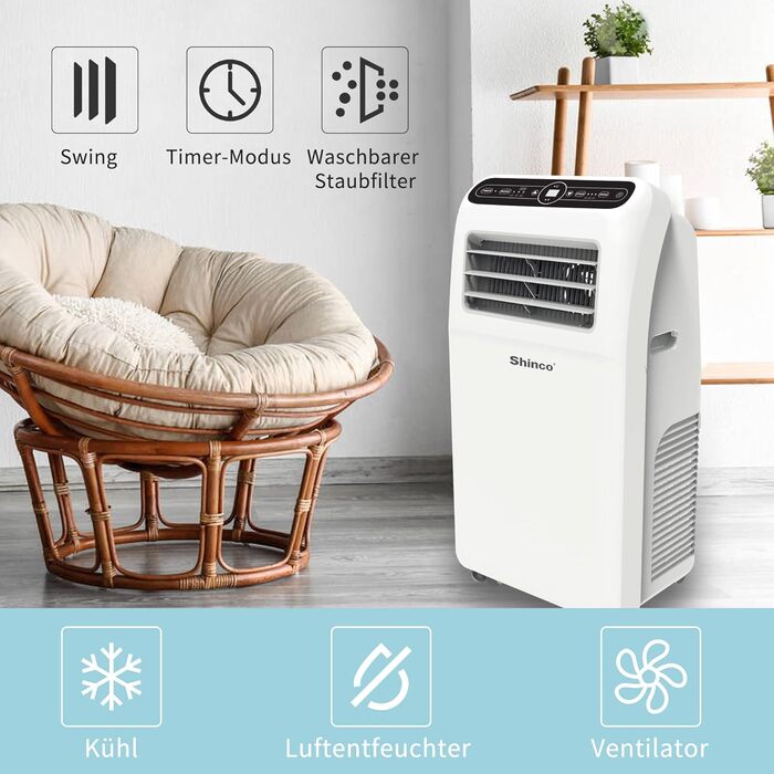Мобільний кондиціонер SHINCO 12000 BTU (3,5 кВт) з виносним шлангом, охолодження, вентиляція, осушення, для приміщень до 90 м³, білий