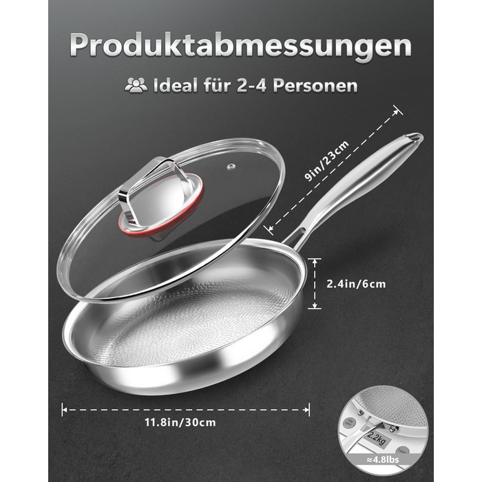 Сковорода з нержавіючої сталі 30 см Titan, з кришкою, для індукційних плит, 18/10, підходить для духовки та посудомийної машини