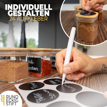 Spice Jars Square I 12 x 160 ml Set I Increased Glass Thickness I Stackable Spice Containers with Bamboo Lids I Airtight Spice Storage for the Kitchen I Suitable for Spice Storage