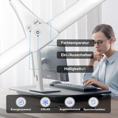 LED лампа настільна для офісу та дому, світло для монітора, 1400 люмен, регульована яскравість, кріплення-прищіпка, світло для робочого столу, гнусий «лебединий шия», подвійний насадка, 5 режимів кольору та рівнів яскравості, білий колір, 80 см