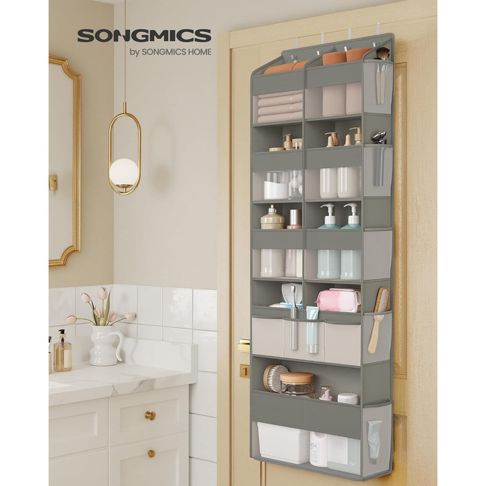 Органайзер на двері SONGMICS, 9 кишень, складний, з гачками, прозорий, сірий RDH009GD01