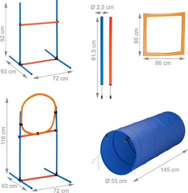 Набір для аджиліті для собак Relaxdays, 76 елементів, регульовані бар'єри, обруч, стійки для слалому, сумка, блакитний/помаранчевий