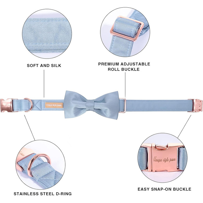 Елегантний ошийник для собак Unique Style Paws з синього шовку з бантиком, регульований, для середніх собак, подарунок