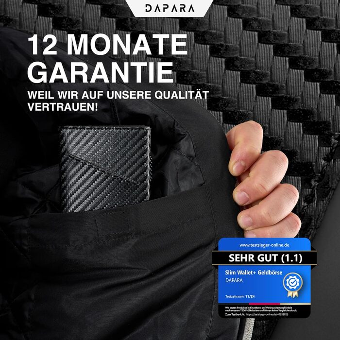 Чоловічий гаманець DAPARA з RFID-захистом | Тонкий гаманець для чоловіків з відділом для монет | Гаманець-картхолдер на 12 карт | Чоловічий гаманець з карбону - чорний
