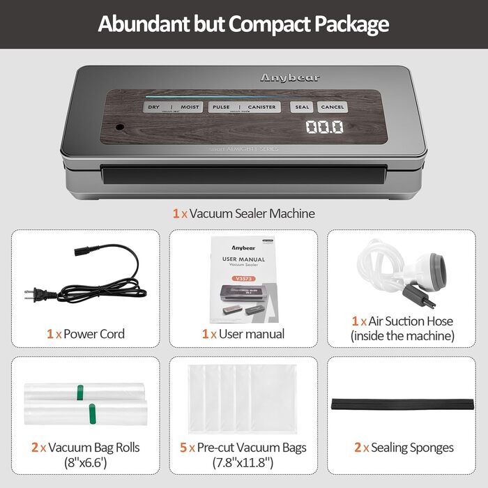 Вакуумний пакувальник 90 kPa, 100 W, широка зона запаювання, для зберігання продуктів, вбудований ніж, місце для рулонів, цифровий таймер, 2 рулони (сірий)