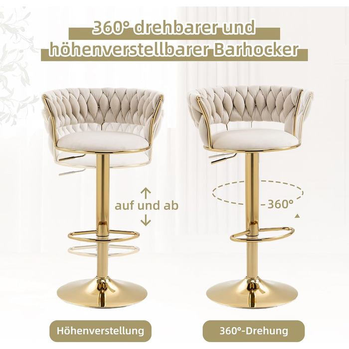Avorio Velvet Bar Stools 2-Pack - Adjustable Height, Swivel with Footrest, Armrests & Backrest - Ergonomic Counter Stools for Kitchen Island, Bar, Restaurant
