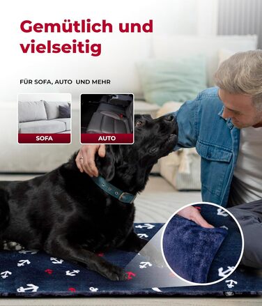 Підстилка для собак XS (45x65 см) – двостороння, м'яка, з наповнювачем 3 см – для дивану, авто, переноски – Made in Germany (75 x 115 см, Колір: Анкер-Блакитний)