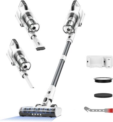 Бездротовий пилосос Klarpul 4800Pa з LED-дисплеєм та антизаплутувальною насадкою, 65 хвилин роботи, швидка зарядка 2 години, для твердих поверхонь та килимів, срібний