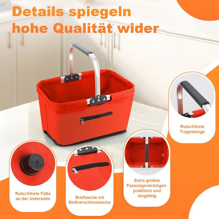 Складаний кошик для покупок 25L з м'якими ручками та кишенею на блискавці, червоний