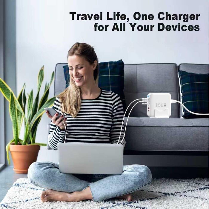 Швидкий зарядний пристрій USB-C GaN Hub 120W, 6 портів для iPad, iPhone 17/16/15/14/13/12 Pro Max, Samsung Galaxy S23 - Білий