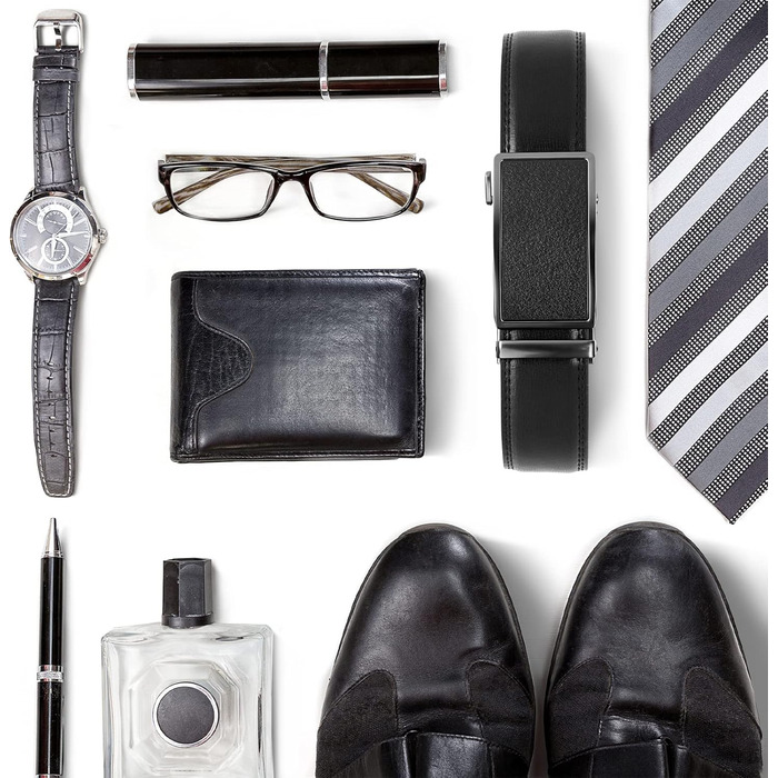 Чоловічий шкіряний ремінь Flintronic з автоматичною пряжкою (ратинг), ширина 3.5 см, довжина 130 см, з лінійкою та брелоком (у подарунковій коробці), чорний