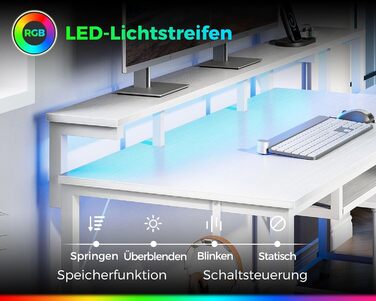 Ігровий стіл Coleshome з LED підсвічуванням, білий, 140x48 см. Стіл для комп'ютера з тканиними ящиками, 2 розетками та 2 USB-портами, з підставкою для монітора. Підходить для дому та офісу.