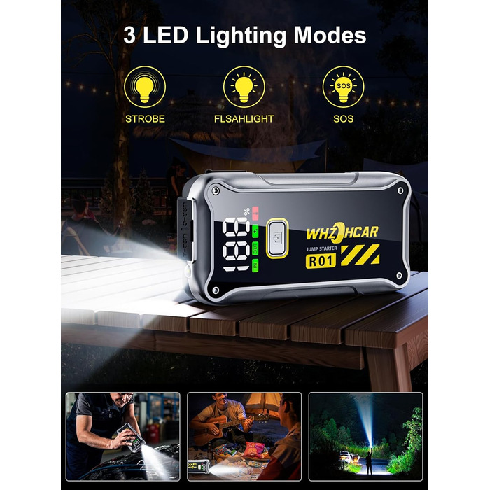 Powerbank Starthilfe 4000A: портативний пусковий пристрій для автомобіля 12V з LCD дисплеєм та LED ліхтариком. Підходить для бензинових (9.0L) та дизельних (7.5L) двигунів. Ідеально для SUV, мотоциклів та газонокосарок. Чорний колір.