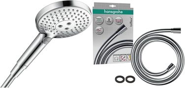 hansgrohe Raindance Select S - water-saving showerhead 9 l/min (EcoSmart), hand shower with 3 spray patterns, round shower head (⌀ 120 mm), water-saving showerhead with anti-limescale function, (showerhead incl. PowderRain + hose, Chrome, showerhead incl. PowderRain + hose)