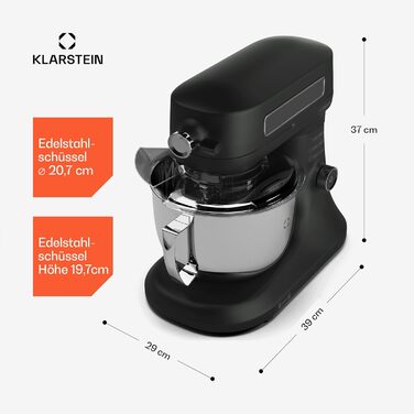 Кухонна машина Klarstein Chiara 1600W з чашею 5л з нержавіючої сталі, 12 швидкостей, LCD-дисплеєм, тиха робота ≤72 dB, набір для випічки, сумісний з посудомийною машиною, корпус з алюмінію, чорний колір