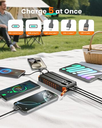 Power Bank A ADDTOP 22.5W 20000mAh Сонячна Бездротова Зовнішня Батарея з 2 USB-кабелями та Ліхтариком для Телефонів, Планшетів, Кемпінгу (Чорний)