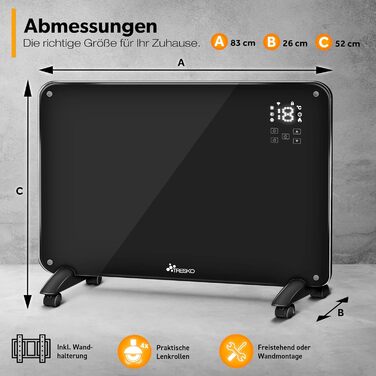 TRESKO Glass Convector Glass Heater 2000W APP WiFi | Electric Heater, electric including remote control | Convector Heater Radiator Touch & LCD Display | Electric Heater Stand-alone or Wall-Mounted Device Black
