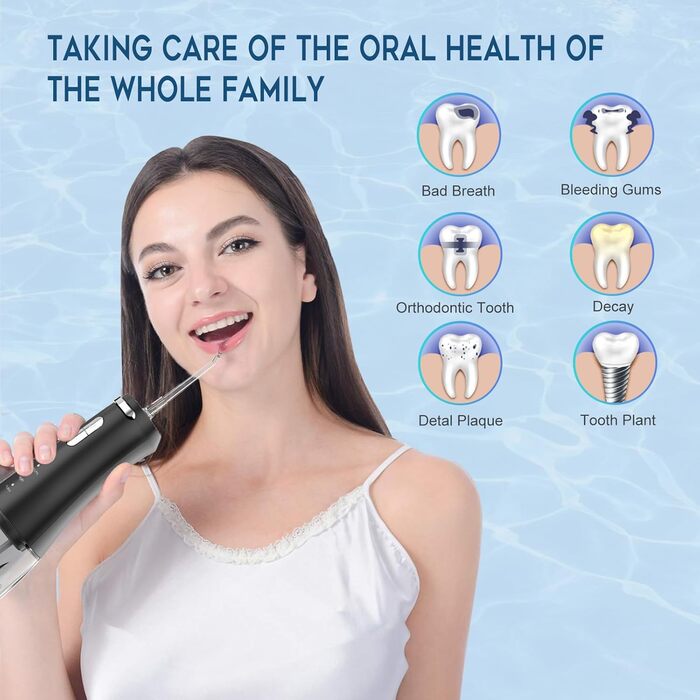 Іригатор для порожнини рота Wasser Dental з 4 режимами, 300 мл, для чищення зубів та міжзубних проміжків, портативний, IPX7, чорний