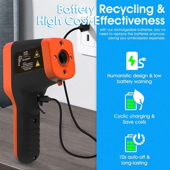 Інфрачервоний термометр WapoRich Pyrometer -50~1600°C, DS 30:1 з подвійним лазером, цифровий, перезаряджається, для піци, печей, промисловості, HVAC. Модель RQ-1600