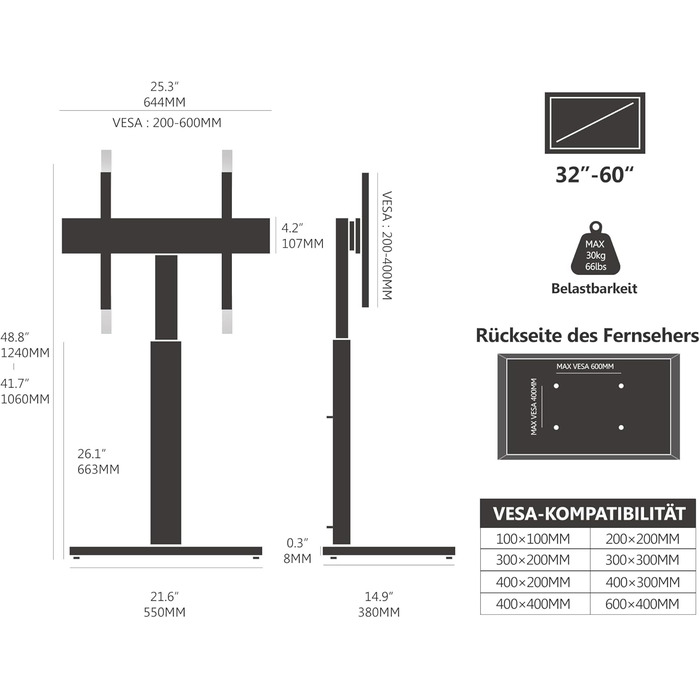 FITUEYES Adjustable Swivel TV Stand - Floor Mount for 32-60 inch Flat & Curved TVs - VESA 600x400 - Black