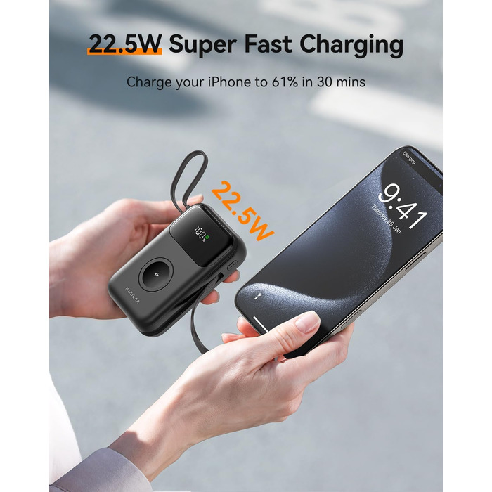 Power Bank Kuulaa для Apple Watch 10000mAh з LCD-дисплеєм та двома кабелями, 22.5W PD, сумісний з iPhone, iPad, Apple Watch 10/9/8/Ultra2/Ultra/SE