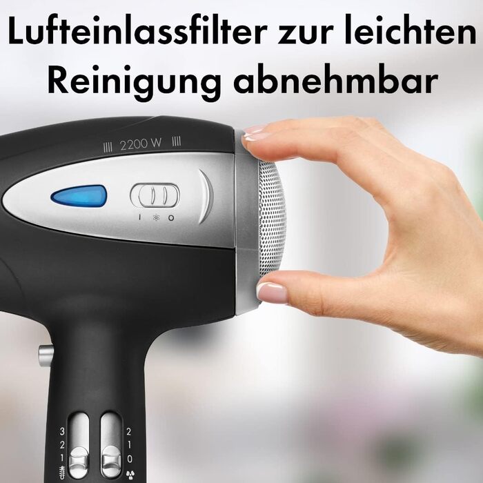 Фен ProfiCare® HTD 3113 чорний з іонізацією 2200W | Легкий туристичний фен з 3 режимами та 2 рівнями швидкості | Cool-Shot, насадка-дифузор та насадка для укладання