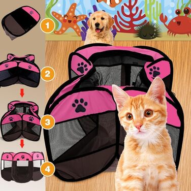 Розкладний вольєр для цуценят та котів, вольєр для тварин, 74x74x43 см, для собак, котів, кроликів, дрібних тварин (рожевий + чорний)