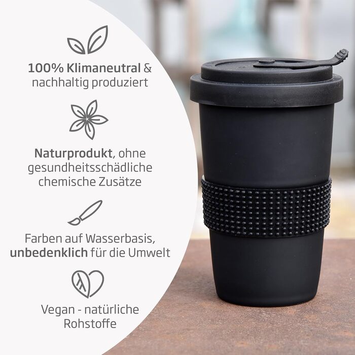 Mahlwerck Coffee-to-go Mug, Porcelain Coffee-to-go Cup with Leak-proof Lid, Design, Grey, 400ml (1 Piece (1-Pack), Black)