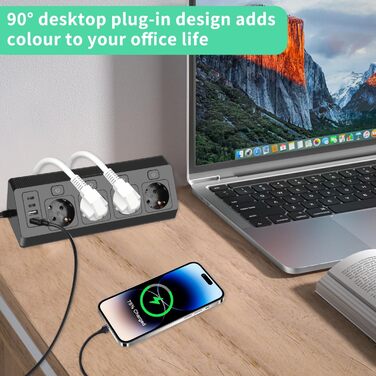 Багатофункціональна мережева розетка на кут 4-портова з USB та Type-C, захист від перенапруги, 2м кабель, для дому, білого/чорного кольору