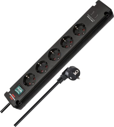 Смуга розеток Brennenstuhl Bremounta 5-fach з USB-C та вимикачем, чорна (для монтажу на стіну, 2x USB-C, 3м кабель)