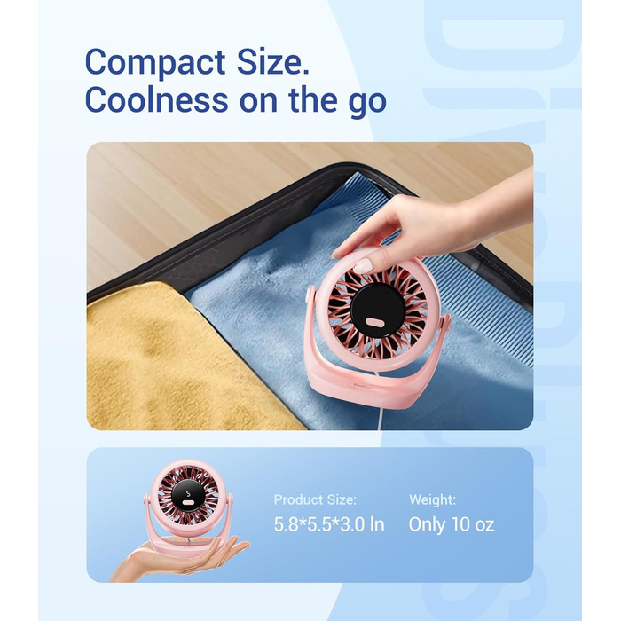 USB вентилятор TurboBreeze Rosa: потужний, портативний, з LED-дисплеєм та 5 швидкостями, 360° обертання