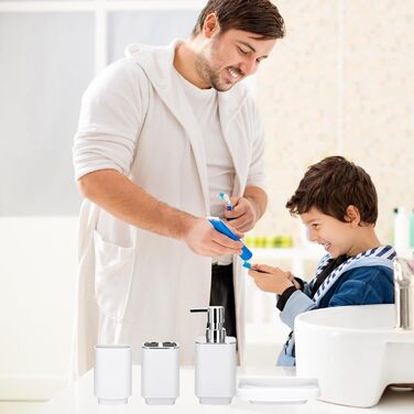 Сучасний 6-частинний набір для ванної кімнати білого кольору з дозатором для мила, тримачем для зубних щіток, мильницею, щіткою для унітазу, сміттєвим відром та склянкою з пластику та металу, білий