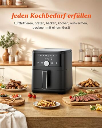 Фритюрниця повітряна Innsky 6L, 8-в-1, 1500W з LED-touchscreen, чорна. Енергозберігаюча, для 3-5 осіб, 50dB, миється в посудомийній машині