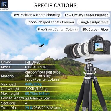 Професійний компактний карбоновий штатив INNOREL GT284C для DSLR-камер з кулею, максимальне навантаження 25 кг