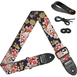 Гітарний ремінь Amumu з бавовни з вишивкою троянд та шкіряними кінцями для бас, електро та акустичної гітари, з фіксатором та блоками для ременя