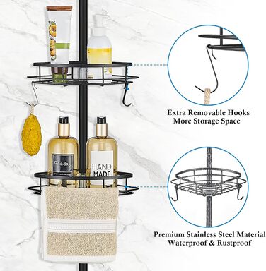 SWOYYU Telescopic Shower Shelf No Drilling Corner Shelf Metal Corner Shelf Bathroom Shelf Adjustable Height with 4 Baskets for Bathtub and Bathroom Rustproof 85-325CM Black