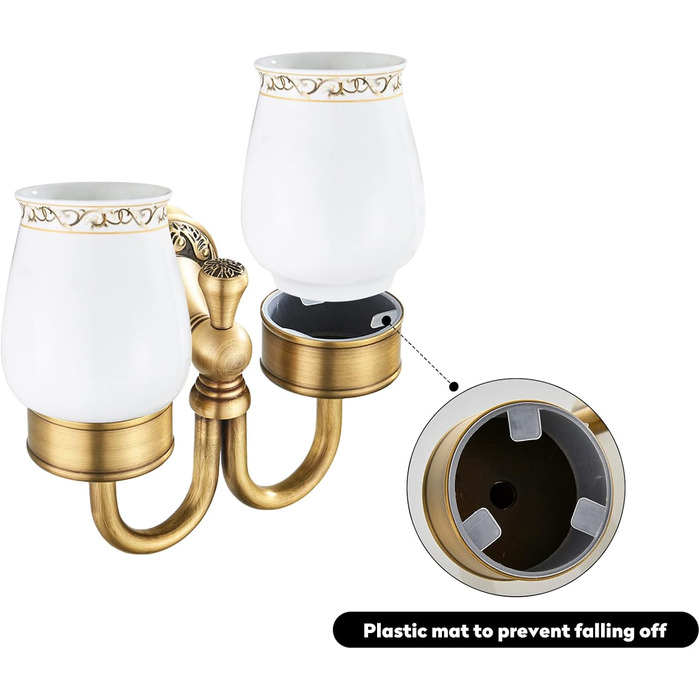 Home Antike Toothbrush Holder, Brass Tooth Cup Holder, Retro Classic Solid Copper Toothbrush Holder and Ceramic Glass Shape Double Toothbrush Holder