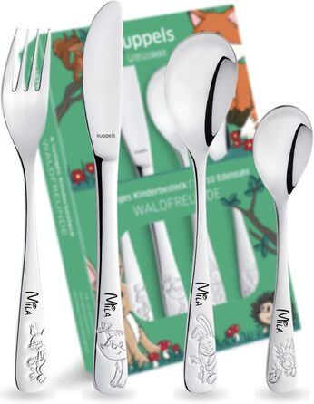 Дитячий набір столових приборів Kinderbesteck Waldfreunde з гравіюванням імені - персоналізований посуд - унікальний хрещення для хлопчика/дівчинки - 4-х предметний набір